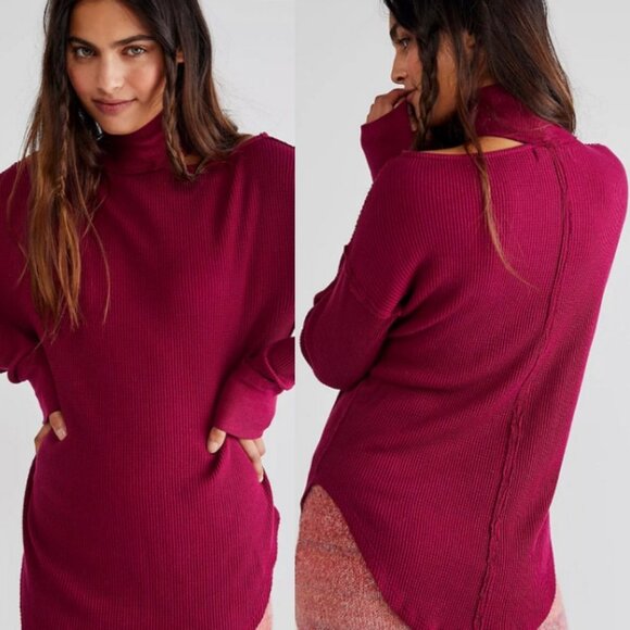 NEW Free People Just For You Cutout Shoulder Mock Neck Thermal Top Wine $98 S - Picture 11 of 11